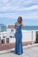 Glitter Mermaid Prom Dress Women Halter Blue Sequins Long Formal Dance Evening Party Gowns AB1715