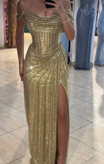 Modest Senior Prom Dresses High Schools Inspiration Mermaid Off The Shoulder Sequin Gold With Slit Semi Formal Grad Long Prom Dress For Teens AB2118