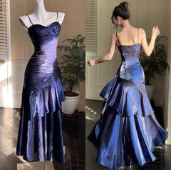 Vintage Spaghetti Straps Blue Chiffon Satin Ruffles Long Prom Dresses Fairytale Evening Dresses N1798