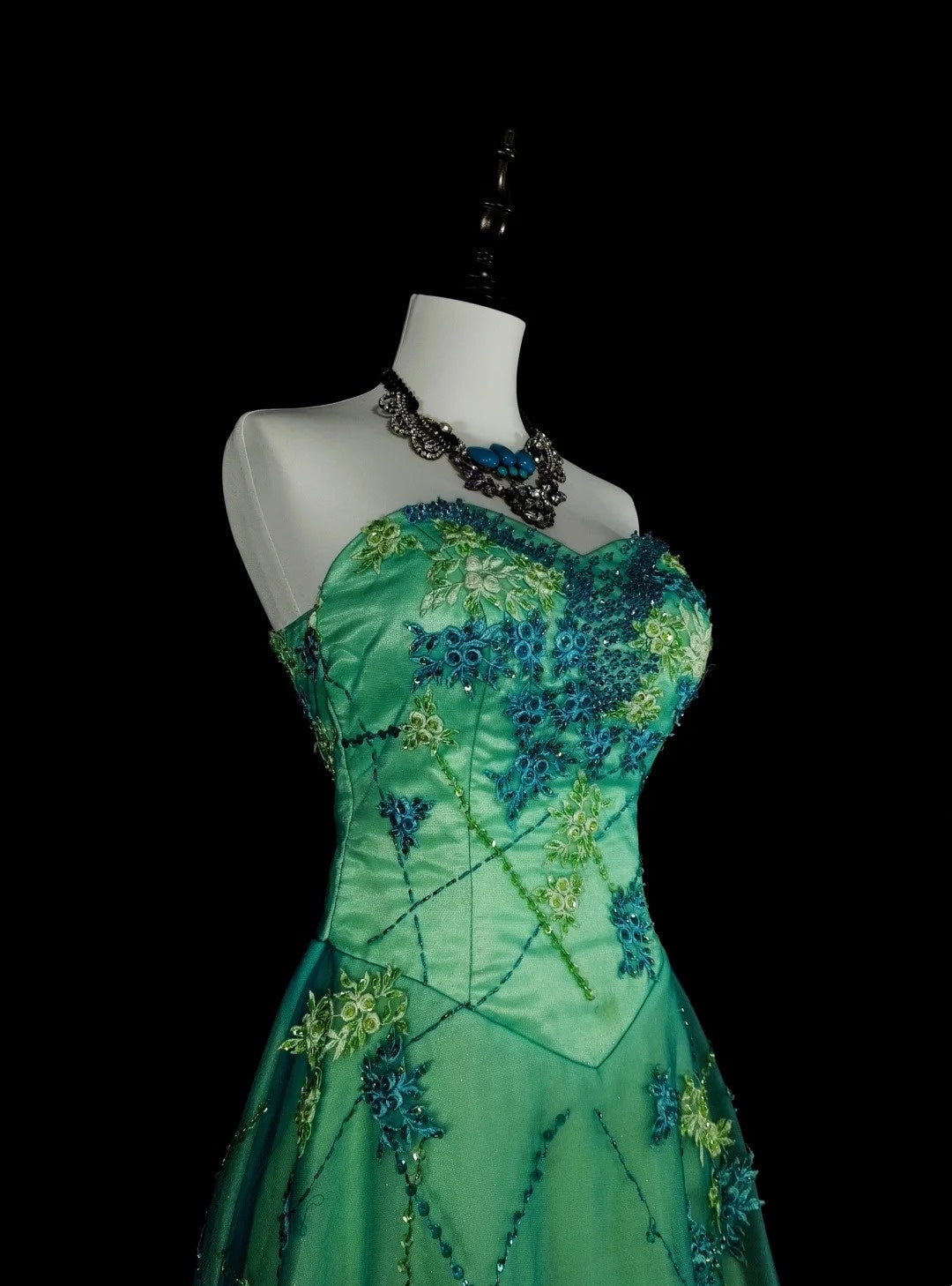Vintage A Line Sweetheart Green Tulle With Beads Gem Crystals Formal Dress Long Prom Dresses N2699