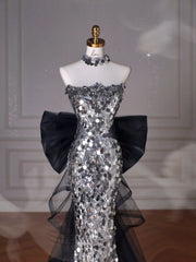 Black Glitter Sequins Tulle Mermaid Prom Dress Strapless Evening Dress With Bow For Teenagers High Schools AB1932