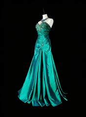 Vintage Mermaid Sweetheart Dark Green 70s With Pleated Beads Long Prom Gown Party Wear Dresses N1839