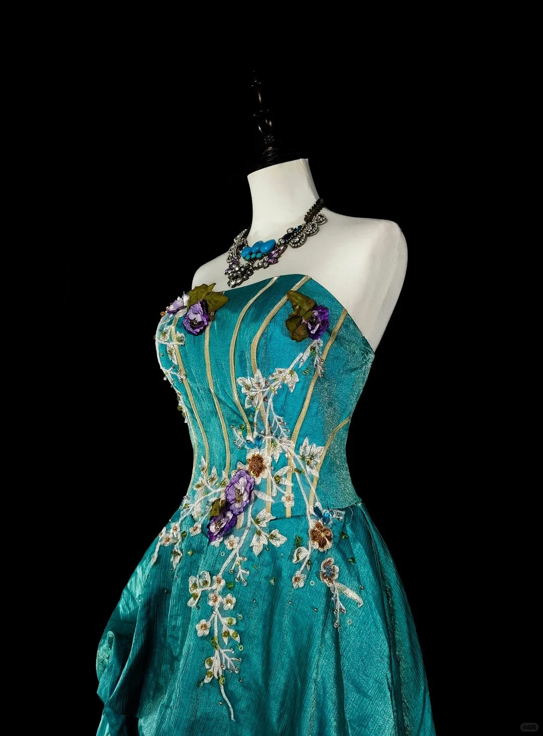 Vintage A line Strapless Blue 70s Satin With Appliques Long Prom Gown Party Wear Fashion Dresses N1830