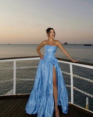 Modest Senior Prom Dresses High Schools Inspiration A line Strapless Blue Satin With Slit Semi Formal Grad Long Prom Dress For Teens AB2121