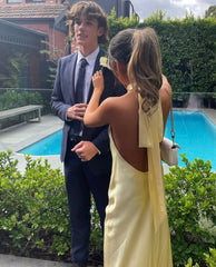 Simple Mermaid Halter Slim Yellow Silky Satin Long Formal Fancy Prom Backless Evening Dress Dinner Outfits Classy Party Gowns AB2031