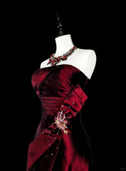 Vintage A line Strapless Burgundy Satin 90s Evening Gowns Formal Birthday Dress Long Prom Dresses N1760