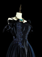 Vintage A line Spaghetti Straps Navy Blue Tulle 80s Evening Gowns Formal Birthday Dress Long Prom Dresses N1754