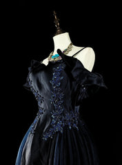 Vintage A line Spaghetti Straps Navy Blue Tulle 80s Evening Gowns Formal Birthday Dress Long Prom Dresses N1754