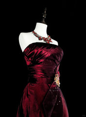 Vintage A line Strapless Burgundy Satin 90s Evening Gowns Formal Birthday Dress Long Prom Dresses N1760