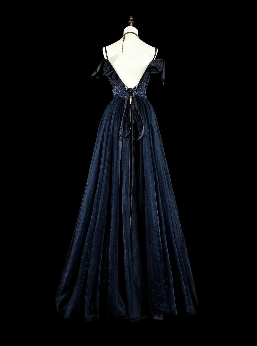 Vintage A line Spaghetti Straps Navy Blue Tulle 80s Evening Gowns Formal Birthday Dress Long Prom Dresses N1754