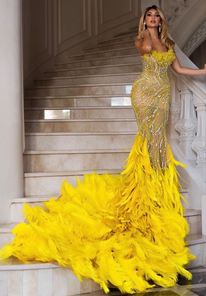Glitter Mermaid Strapless Yellow Sequins Inspo Formal Party Gowns Long Prom Dresses AB1729