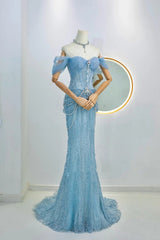 Sparkly Mermaid Off The Shoulder Blue Sequined Long Prom Dresses Party Dress Birthday Outfits Graduation Gown N2842