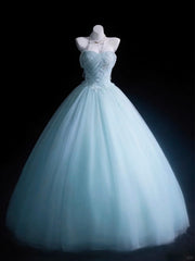Modest Prom Dresses Ball Gown Off The Shoulder Light Sky Blue Tulle With Sleeves Long Quince Dress N3053
