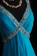 Vintage A line V Neck Blue Chiffon Sleeveless Summer Formal For Women Girls Teens Prom Dresses N2248