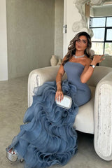 Modest Ruffled Chiffon Pleated Party Gowns Sleeveless Floor-Length Mermaid Prom Dress AB1694