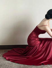 Romantic Mermaid Spaghetti Strap Burgundy Satin With Pleated Formal Dress Long Prom Dresses N2821