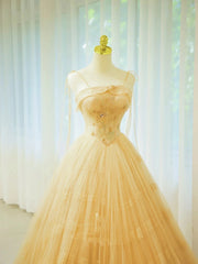 Beautiful Prom Dresses Ball Gown Spaghetti Strap Yellow Tulle With Beading Long Formal Gown N2932