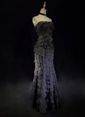 Vintage Prom Dresses 90s Mermaid Spaghetti Strap Black Tie With Layers Tiered Long Semi Formal Evening Dress N3665