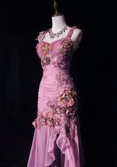Elegant Sheath Spaghetti Strap Pink Chiffon With Beaded Bodice Formal Dress High Low Prom Dresses N2736