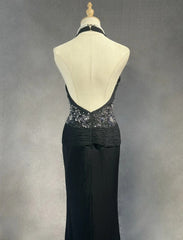 Modest Prom Dresses Mermaid Halter Black Tie Chiffon With Beading Formal Evening Dress N3858