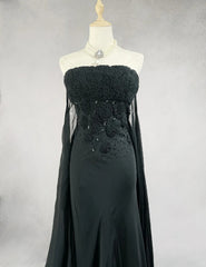 Classy Prom Dresses Mermaid Strapless Chiffon Black Tie Dress With Cape Long Formal Evening Outfits N3703