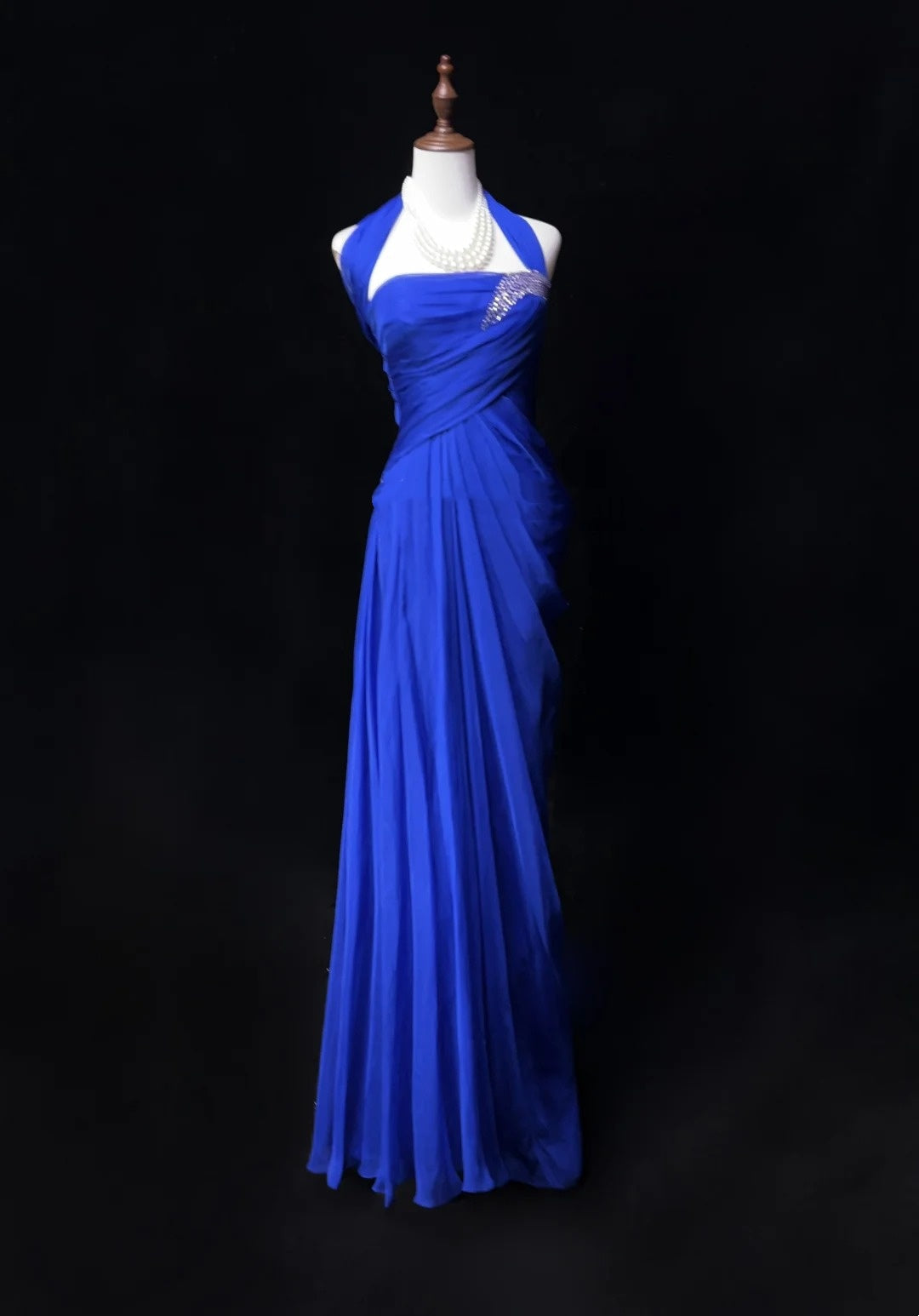 Vintage Prom Dresses 90s Sheath Halter Royal Blue Chiffon Long With Beading Evening Outfits N3137