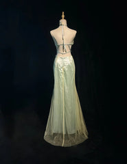 Elegant Chic Prom Dresses Mermaid Halter Green Satin Backless Sleeveless With Beading Semi Formal Evening Gowns N3799