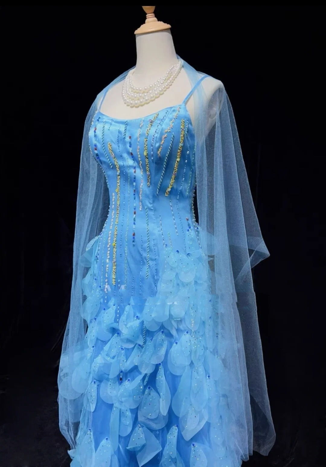 Elegant Sheath Spaghetti Strap Blue Chiffon With Beaded Bodice Formal Dress Long Prom Dresses N2727