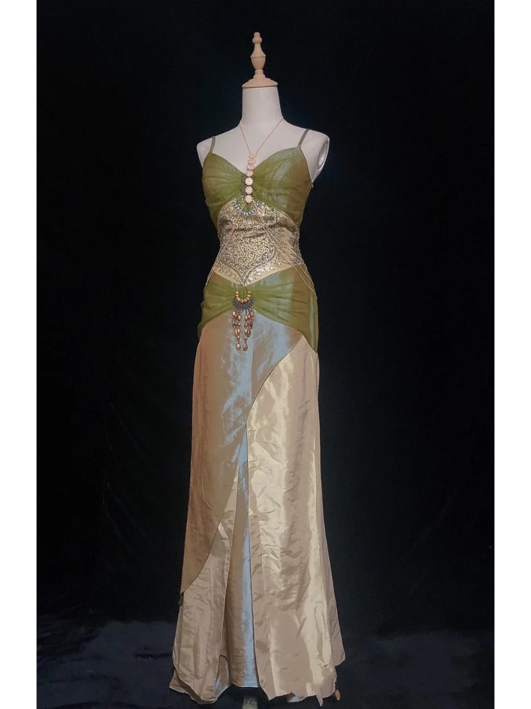 Modest Prom Dresses Inspo Mermaid Spaghetti Strap Green Chiffon With Beaded 80s Long Formal Gowns N3409