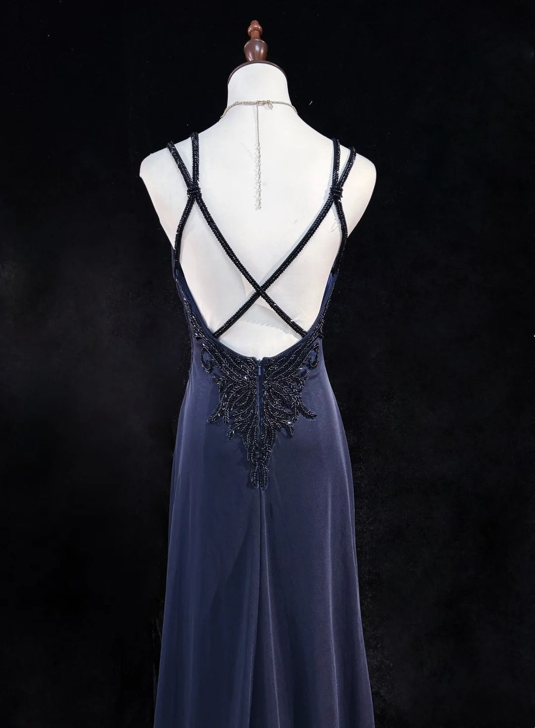 Vintage Prom Dresses 1980s A Line Spaghetti Strap Satin Navy Blue Long With Beading Evening Outfits N3133