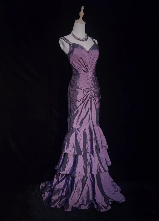 Vintage Prom Dresses 90s Mermaid Sweetheart Purple Taffeta With Beading Ruffle Long Semi Formal Evening Dress N3670