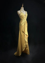 Vintage High Low 2000s A line Halter Gold With Pleated Formal Dress Long Prom Dresses N2585