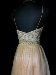 Vintage Prom Dresses 80s A line Spaghetti Strap Champagne Tulle Long Semi Formal Evening Outfits N3649