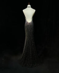 Vintage Mermaid 2000s Black Halter Formal Dress Long Backless Prom Dresses N2572
