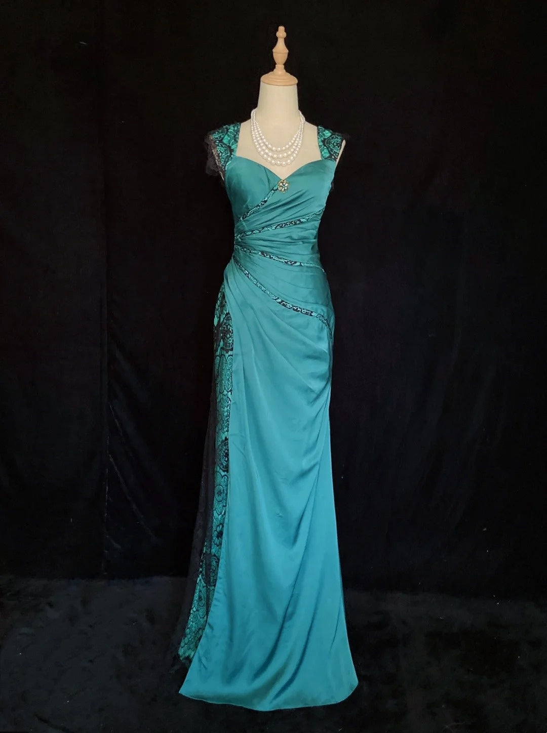 Vintage Prom Dresses Inspo Mermaid Sweetheart Blue With Black Lace Ruffled For Women Formal Dress N3248