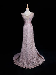 Vintage Prom Dresses 1960s Mermaid V Neck Pink Lace With Appliqued Beaded Long Prom Gown N3107