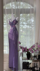 Elegant Prom Dresses Mermaid Spaghetti Strap Purple Sequin Slit Floor Length Formal Evening Outfits N3532