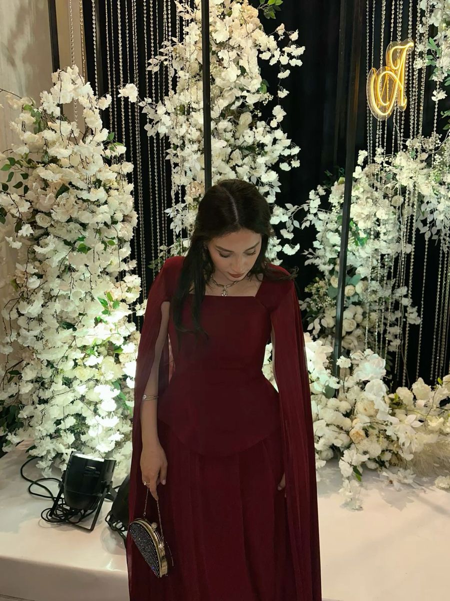 Elegant A line Square Neck Burgundy Chiffon With Sleeves Long Formal Fancy Prom Evening Dress Dinner Outfits Classy Party Gowns AB2028