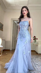 Modest Party Gowns Sleeveless Floor-Length Mermaid Light Blue Lace Long Prom Dress AB1719
