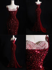 Sparkly Mermaid Spaghetti Straps Sequins Burgundy Long Formal Fancy Prom Evening Dress Dinner Outfits Classy Party Gowns AB2047