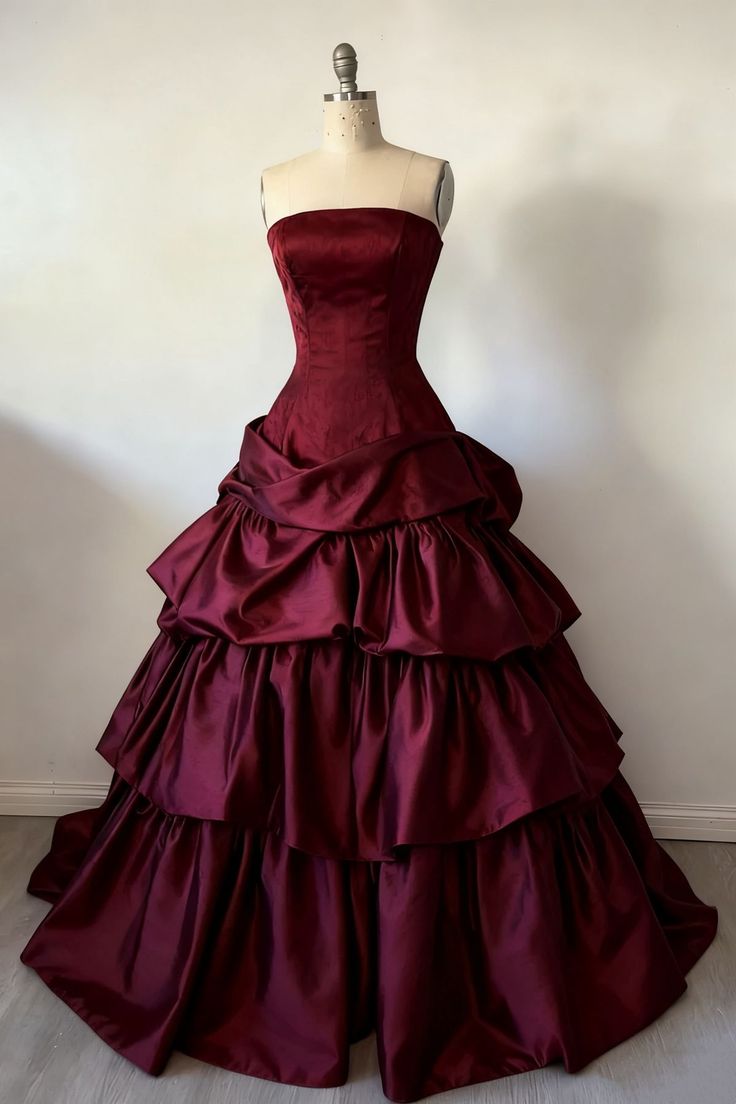 Gorgeous A-Line Burgundy Prom Dress Satin Strapless Long Evening Dress Sleeveless Occasion Dress N1867