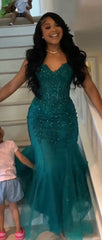 Dark Green Mermaid Tulle Lace Prom Dress Winter Gown Semi Formal Grad Long Prom Dress For Teens AB1994