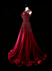 Vintage A line Scoop Burgundy Tulle 70s With Beads Long Prom Gown Party Wear Dresses N1844