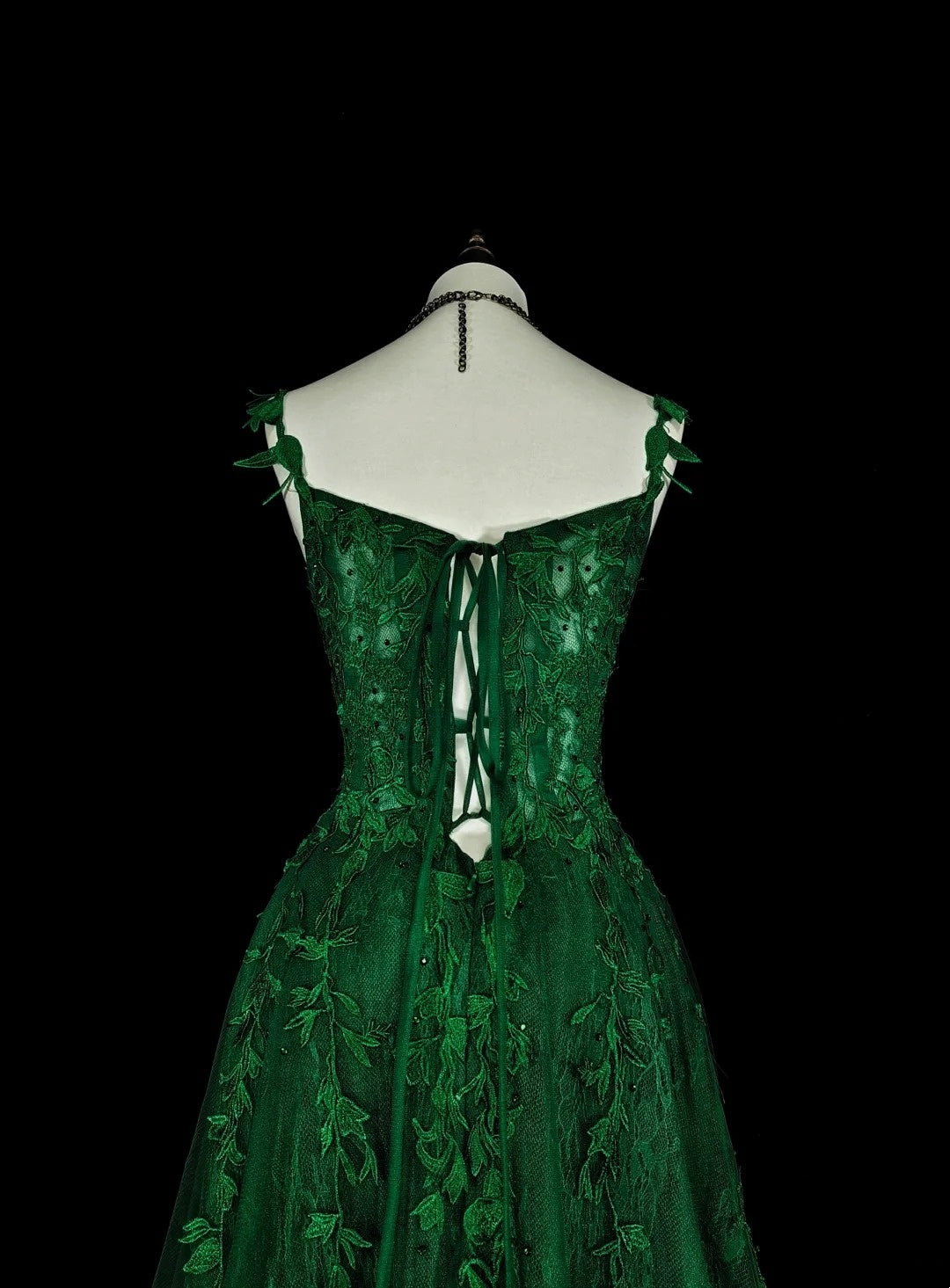 Modest A line Spaghetti Straps Dark Green Tulle With Appliques Long Prom Gown Party Wear Dresses N1847