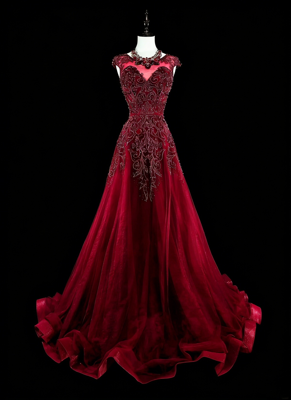 Vintage A line Scoop Burgundy Tulle 70s With Beads Long Prom Gown Party Wear Dresses N1844