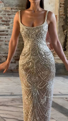 Glitter Mermaid Spaghetti Straps Champagne Beadings Inspo Formal Party Gowns Long Prom Dresses AB1730