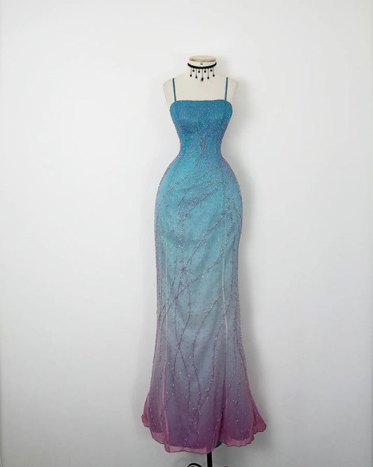 Vintage Mermaid 90s Spaghetti Strap Ombre Gradient Colors With Beading Formal Dress Long Prom Dresses N2775