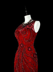 Vintage Mermaid Scoop Red Tulle 80s Evening Gowns Formal Birthday Dress Long Prom Dresses N1759