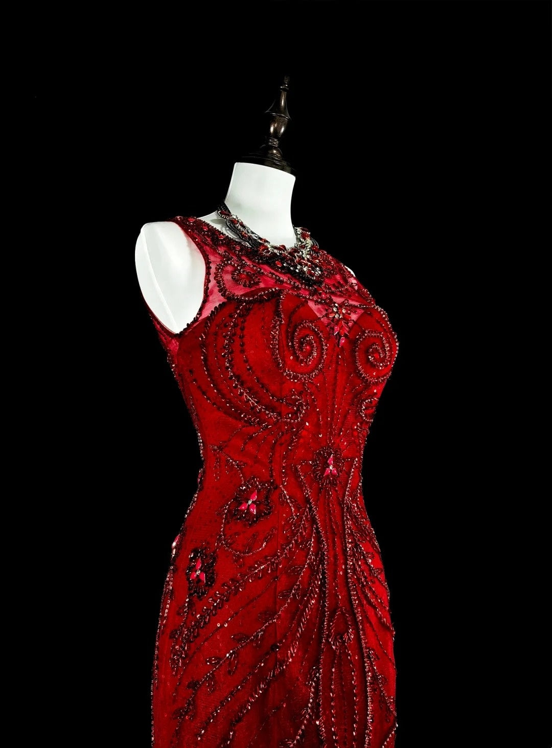 Vintage Mermaid Scoop Red Tulle 80s Evening Gowns Formal Birthday Dress Long Prom Dresses N1759