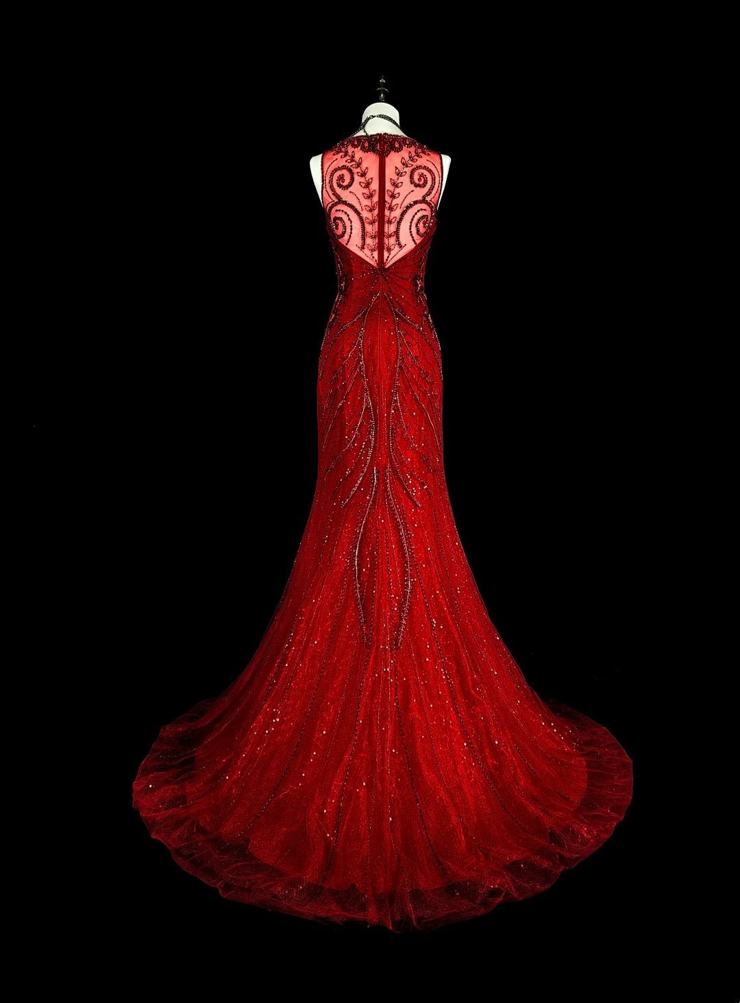 Vintage Mermaid Scoop Red Tulle 80s Evening Gowns Formal Birthday Dress Long Prom Dresses N1759